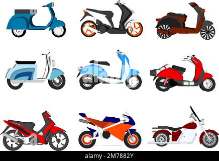 Set moto. Moto e scooter, biciclette e trinciatori. Velocità corsa e consegna veicoli retro e moderni piano vettoriale trasporto a motore dettaglio spor Illustrazione Vettoriale