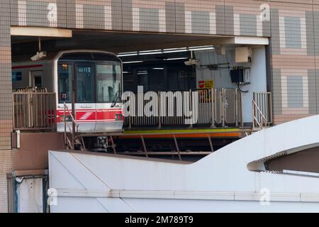Tokyo, Giappone. 6th Jan, 2023. Un treno della linea Marunouchi alla stazione della metropolitana M Korakuen. La linea della metropolitana Marunouchi di Tokyo è una linea di metropolitana di transito rapido operata dalla metropolitana Tokyo. Corre dalla Stazione di Ogikubo ad ovest alla Stazione di Ikebukuro a nord, passando attraverso il centro di Tokyo e le principali stazioni come Shinjuku, Yotsuya e Tokyo Station. La linea Marunouchi è di colore marrone chiaro sulle mappe di transito ed è nota per il suo servizio frequente e la posizione comoda nel cuore della città. E' usato sia dai pendolari che dai turisti per viaggiare verso destinazioni popolari come l'Imperial pala Foto Stock
