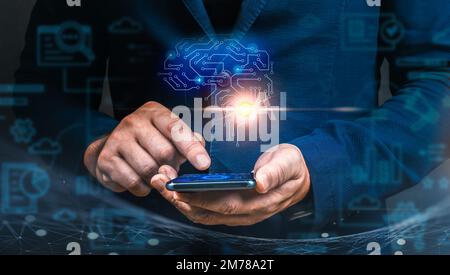 intelligenza artificiale, ai al telefono. un uomo d'affari gestisce il business con intelligenza artificiale sul telefono cellulare. Uomo d'affari che usa il cellulare con ai fi Foto Stock