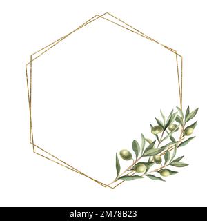 Acquerello olea illustrazione floreale - corona in foglia d'oliva, cornice con forma geometrica in oro, per matrimonio fisso, saluti, sfondi, moda Foto Stock