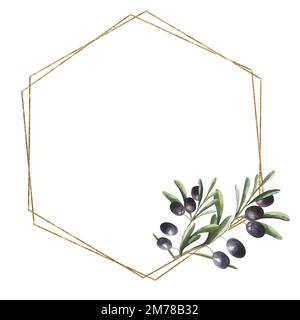 Acquerello olea illustrazione floreale - corona in foglia d'oliva, cornice con forma geometrica in oro, per matrimonio fisso, saluti, sfondi, moda Foto Stock