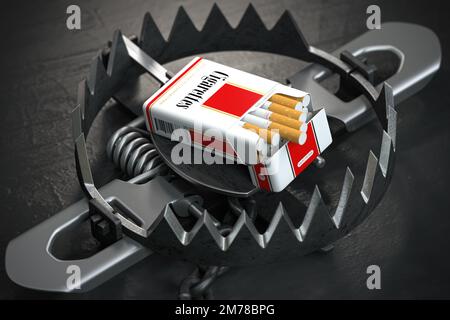 Sigarette in una trappola. Fumo dipendenza da tabacco, cattiva abitudine e concetto di prevenzione del cancro polmonare, 3D illustrazione Foto Stock