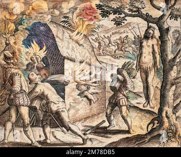Persecuzione spagnola nelle Indie occidentali - Descrizione dei crimini infliges aux Indiens par les colons Espagnols - Incendie d'un villaggio indien par les Conquistadors. Pendaison - gravure de Theodore de Bry in 'Narratio regionum indicarum per Hispanos quosdam devastatarum verissima' par Bartolome de las Casas (1484-1566) Foto Stock