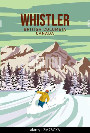 Whistler Travel Ski Resort poster vintage. Canada, British Columbia winter landscape Travel card Illustrazione Vettoriale