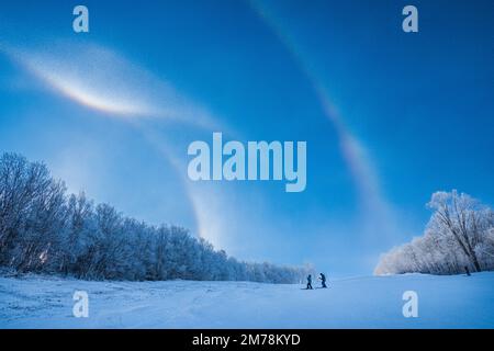 Halos: 22 gradi halos, archi tangenziali orizzontali, 46 gradi halos, arco circumzenithal, Sugarbush Ski Resort, Warren, VT, Stati Uniti. Foto Stock