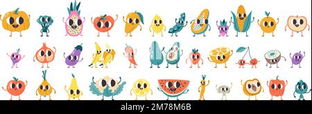Cartoon frutta verdura caratteri. Frutta carina, sorridere verdure faccia. Cibo Kawaii, ingredienti freschi avocado, banana, anguria. Insieme divertente e piacevole Illustrazione Vettoriale