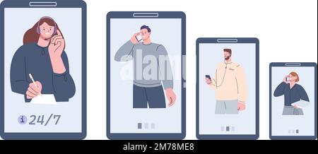 Linea di attesa nel call center. Persone con smartphone, addetto all'assistenza online. Chat informativa, per aiutare i clienti online. Coda digitale Illustrazione Vettoriale