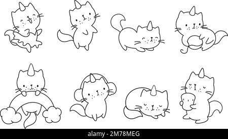 Carino kitty con corno, linea di colorazione caicorno set. Gatti magici divertenti, gattini felici adesivi. Caratteri vettoriali infantili Illustrazione Vettoriale