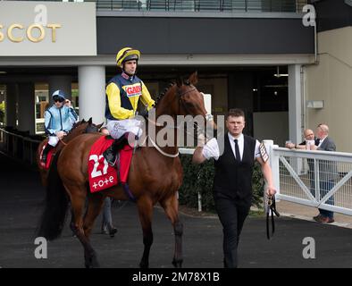 Ascot, Berkshire, Regno Unito. 7th maggio, 2022. Horse Orbaan guidato dal jockey Jack Duern si dirige verso l'ippodromo per la Tote Victoria Cup all'ippodromo di Ascot. Credito: Maureen McLean/Alamy Foto Stock