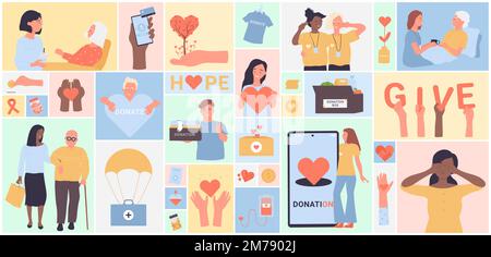 I giovani infermieri di Cartoon abbracciano i pazienti anziani, sostegno e assistenza per sorridersi la persona anziana in fondo collage quadrato. Volontariato, concetto di carità. I volontari aiutano le persone anziane a impostare l'illustrazione vettoriale Illustrazione Vettoriale