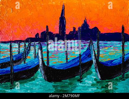 Paesaggio veneziano al tramonto. Verniciatura a olio in miniatura originale. Foto Stock