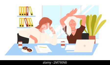 Pausa caffè di ragazze al lavoro vettore illustrazione. Cartoon dipendenti donne felici che parlano e si siedono al tavolo con computer portatile e documenti, piatto con ciambelle, due colleghi che si rilassano sul posto di lavoro Illustrazione Vettoriale