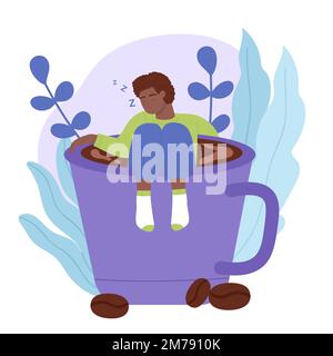 Tazze di caffè del mattino con illustrazione sonnolenta uomo stanco vettore. Cartone animato isolato grandi tazze con pigro ed esausto maschio carattere minuscolo senza energia nel bisogno di riposo e sonno Illustrazione Vettoriale