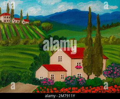 Colorati vigneti toscani. Pittura ad olio su tela. Foto Stock