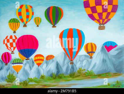 Palloncini multicolore in Cappadocia, Turchia, pittura ad olio Foto Stock