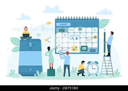 Gestione del tempo e pianificazione con l'intelligenza artificiale aiutano l'illustrazione del vettore. Cartoon le persone più piccole controllano l'assistente vocale personale intelligente con il microfono, registrano e pianificano le riunioni nel calendario virtuale Illustrazione Vettoriale