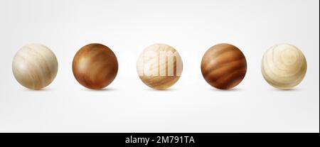 Sfere di legno realistiche. 3d campioni sfera di legno, sfera marrone varietà globo modello di legno macro cerchio ruvido texture, legno-giocattoli sfere lucide clipart, ordinata illustrazione vettoriale di forma liscia Illustrazione Vettoriale