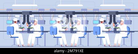 Assemblaggio PCB. Lavoratori con la saldatura dell'oscilloscopio che lavorano sulla linea di produzione elettronica di fabbrica, laboratorio di test di ricerca componente di microchip cina, illustrazione vettoriale del circuito di assemblaggio industriale Illustrazione Vettoriale