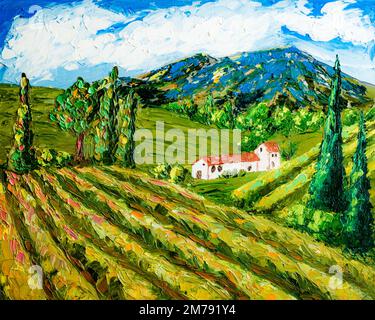 Spagna Valdepenas vigneti e montagne, pittura ad olio. Foto Stock