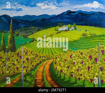 Toscana vigneti e montagne in Italia, pittura ad olio Foto Stock