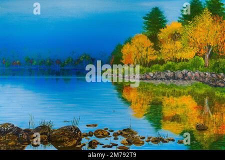 Autunno acqua riflessione nella foresta, pittura ad olio Foto Stock