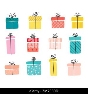 Imposta confezioni regalo, regali. Illustrazione vettoriale disegnata a mano isolata su bianco. Illustrazione Vettoriale