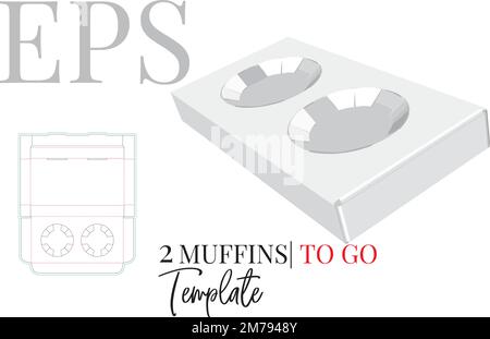 Muffin da portare in due confezioni, dima tagliata. Muffin bianchi trasparenti, vuoti due confezioni simulano isolato su sfondo bianco, vettore. Design della confezione Illustrazione Vettoriale