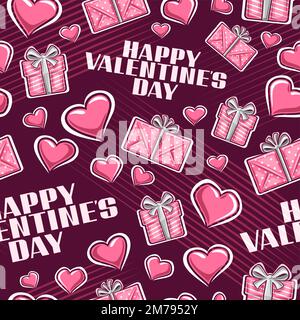 Vector San Valentino senza cuciture motivo, ripetizione sfondo con illustrazione di diversi contorni cuori di San Valentino, scatole regalo rosse e testo felice Illustrazione Vettoriale