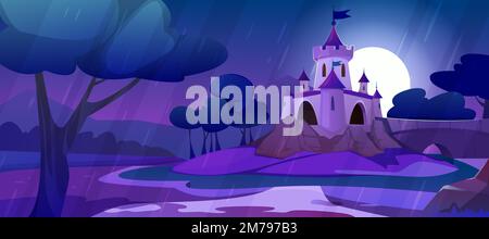 Il castello magico dei cartoni animati sulla collina alle piogge. Paesaggio di fiaba regno in luce lunare di notte. Palazzo medievale con torrette, torrente d'acqua, alberi, campo e ponte con la strada per il castello reale. Illustrazione Vettoriale