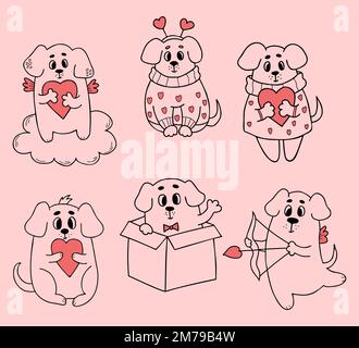 Collezione cani romantici. Animali domestici carini con cuori. Illustrazione vettoriale in stile doodle. Cuccioli isolati e lineari disegnati a mano innamorati del design e dell'arredamento Illustrazione Vettoriale