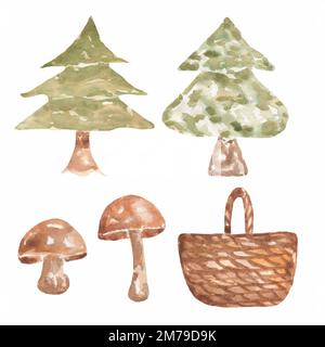 Acquerello con albero di natale e cesto, funghi. Sfondo dell'illustrazione del bosco disegnato a mano. Autunno foresta. Foto Stock