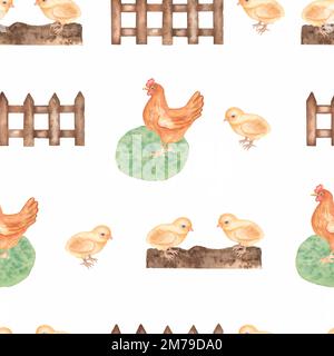 Watercolor farm modello senza giunture. Oggetti disegnati a mano: Gallina, pollo, recinto, erba. Sfondo disegnato a mano. Vita di villaggio. Foto Stock