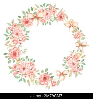 Clipart vintage Floral Wreath, colore dell'acqua Romantic Pink Peony cornice fiore clip art, delicato Peach Roses Bouquet illustrazione Foto Stock