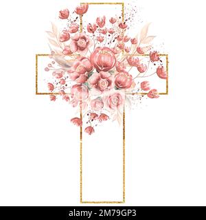 Acquerello dipinto a mano Pink Florals Cross clipart, Pasqua fiori religiosi illustrazione, Battesimo Croce clip arte, Spirito Santo clipart, fram dorato Foto Stock