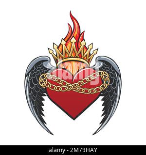 Emblema colorato del Sacro cuore isolato su Bianco. Illustrazione vettoriale. Illustrazione Vettoriale