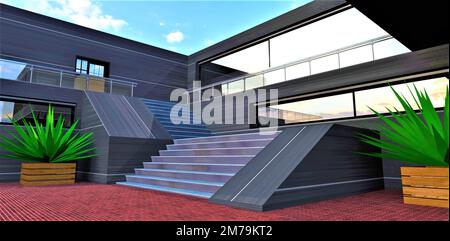 Elegante e ampia scala con gradini in metallo nel cortile di un moderno alloggiamento rifinito con innovativo materiale composito. rendering 3d. Foto Stock