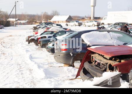 Le auto smontate su una scasseria sono in vendita per i pezzi di ricambio. Il commercio di ricambi usati è un'attività comune nei paesi in via di sviluppo. Foto Stock