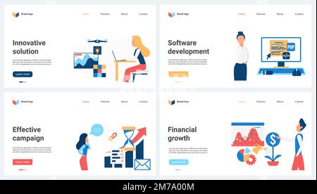 Sviluppo di software, crescita finanziaria, efficace campagna pubblicitaria set illustrazione vettoriale. Cartoon Tiny People sviluppa soluzioni innovative e codici di programmazione, analizza grafici e report di dati Illustrazione Vettoriale