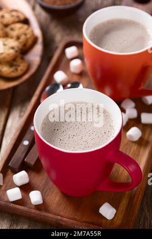 Cioccolata calda o cioccolata calda in tazze con marshmallows e biscotti sul lato, fotografati su legno (fuoco selettivo) Foto Stock