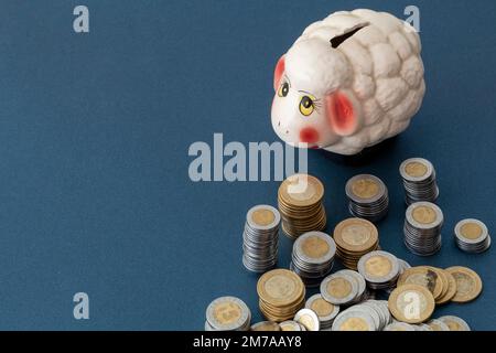 Pecora piggy bank con monete messicane pesos, gettate da un lato, e spazio per la copia. Foto Stock