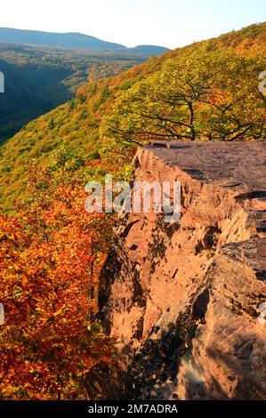 Il sole che tramonta colpisce una roccia che affiorava nella scarpata Catskill lungo un sentiero escursionistico Foto Stock