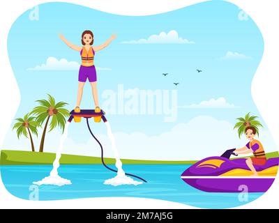 Flyboard Illustrazione con persone Equitazione Jet Pack in Estate Vacanze in Spiaggia in Flat Extreme Water Sport attività Cartoon modelli disegnati a mano Illustrazione Vettoriale