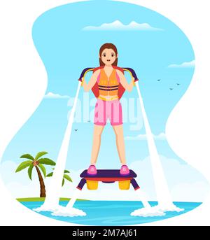 Flyboard Illustrazione con persone Equitazione Jet Pack in Estate Vacanze in Spiaggia in Flat Extreme Water Sport attività Cartoon modelli disegnati a mano Illustrazione Vettoriale