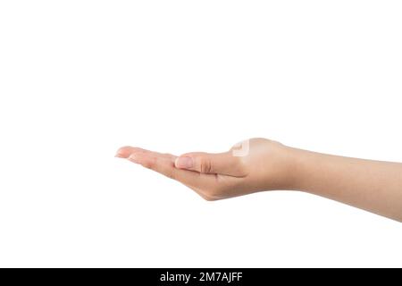 La mano della donna con la palma estesa come segno di ricevere qualcosa. con spazio di copia. Foto Stock