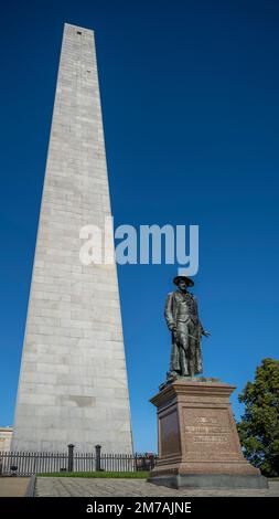 Statua di William Prescott al Bunker Hill Monument, Foto Stock