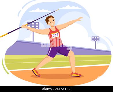 Javelin lancio atleta Illustrazione utilizzando un lungo strumento a forma di lancia per lanciare attività sportive piano Cartoon modello disegnato a mano Illustrazione Vettoriale