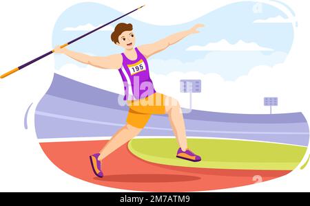 Javelin lancio atleta Illustrazione utilizzando un lungo strumento a forma di lancia per lanciare attività sportive piano Cartoon modello disegnato a mano Illustrazione Vettoriale