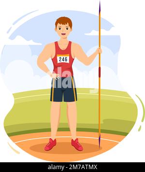 Javelin lancio atleta Illustrazione utilizzando un lungo strumento a forma di lancia per lanciare attività sportive piano Cartoon modello disegnato a mano Illustrazione Vettoriale