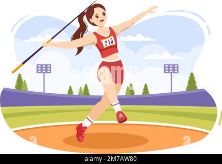 Javelin lancio atleta Illustrazione utilizzando un lungo strumento a forma di lancia per lanciare attività sportive piano Cartoon modello disegnato a mano Illustrazione Vettoriale