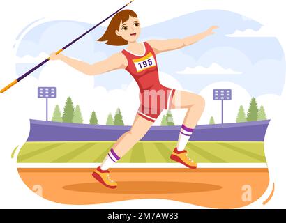 Javelin lancio atleta Illustrazione utilizzando un lungo strumento a forma di lancia per lanciare attività sportive piano Cartoon modello disegnato a mano Illustrazione Vettoriale